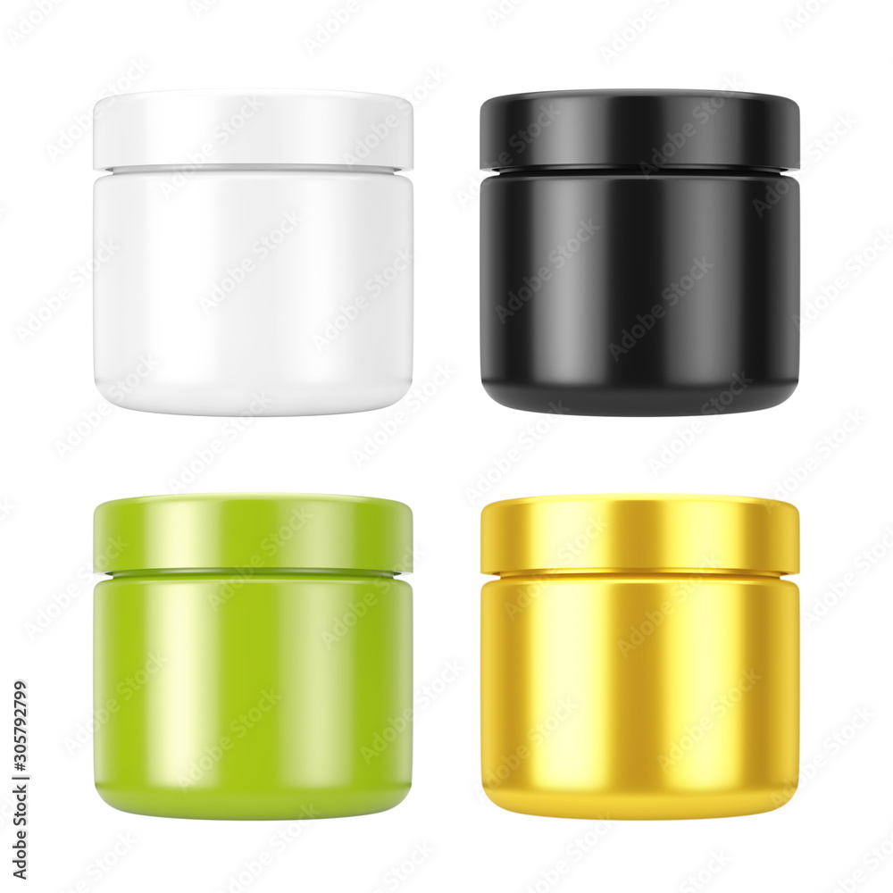 Set of Cosmetic Jars with Lid for Cream or Gel Mockup. 3d Rendering Set of Cosmetic Jars with Lid for Cream or Gel Mockup. 3d Rendering