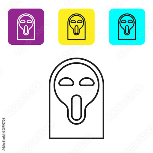 Black line Funny and scary ghost mask for Halloween icon isolated on white background. Happy Halloween party. Set icons colorful square buttons. Vector Illustration