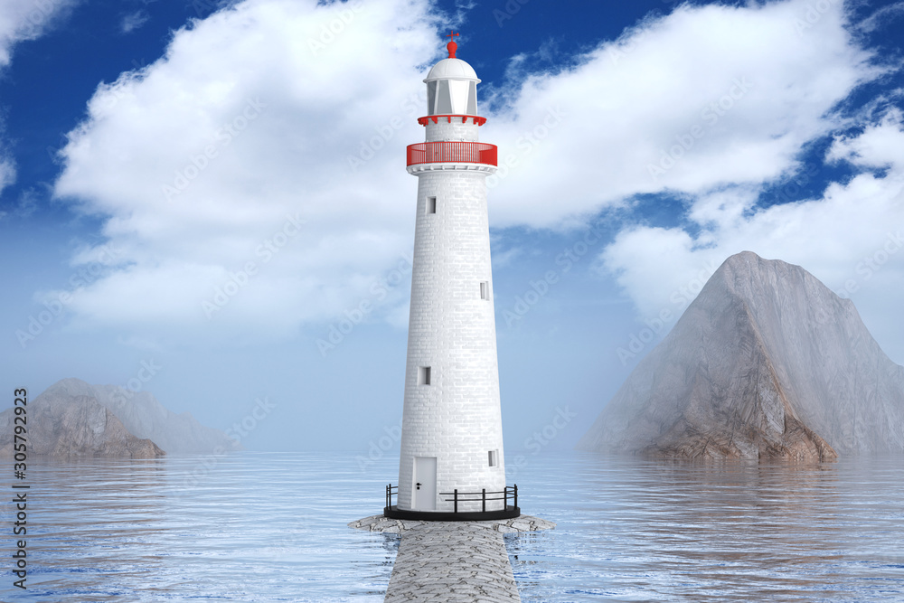 Lighthouse in Ocean or Sea. 3d Rendering
