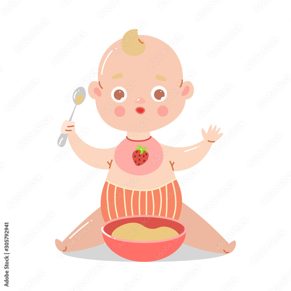 Cute baby in striped red underpants sitting with a bowl of porridge and holding a spoon with raised hands. Vector illustration in flat cartoon style. Cute baby in striped red underpants sitting with a bowl of porridge and holding a spoon with raised hands. Vector illustration in flat cartoon style.