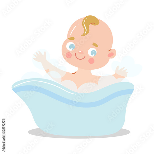 Cute happy smiling baby taking a bath playing with foam bubbles. Vector illustration in flat cartoon style.