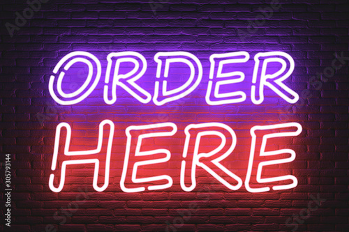 Canvas-taulu Order Here Neon Sign. 3d Rendering