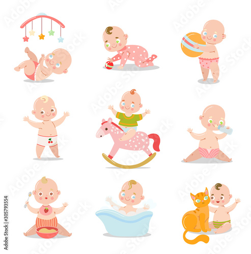 Set of a cute baby in underpants with different situations. Vector illustration in flat cartoon style.