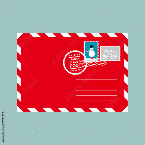 Envelope with stamp. Christmas card with stamps. Happy holidays lettering. 