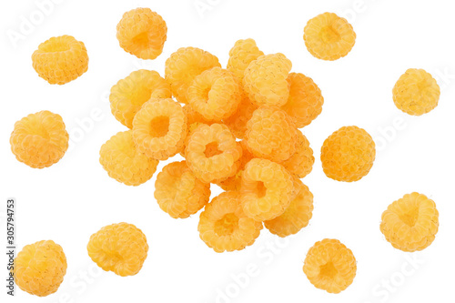 ripe raspberries isolated on a white background. top view