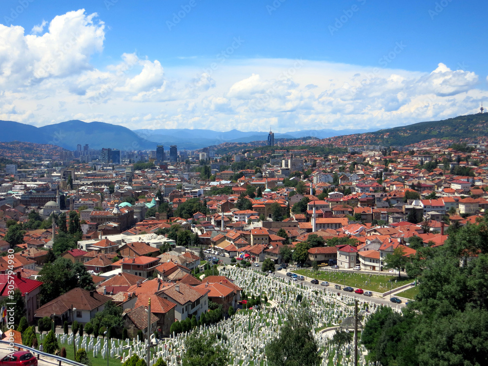 the white muslim tombstones in a beautiful summer day in Sarajevo, Bosnia and Herzegovina