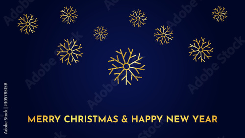 Christmas dark blue background with gold snowflakes