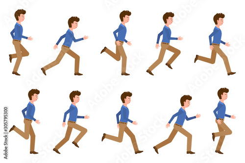 Young adult man in light brown pants running sequence poses vector illustration. Fast moving forward office cartoon character set on white background