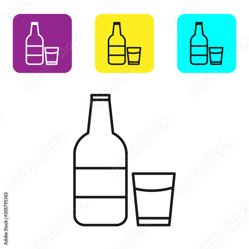 Black line Closed glass bottle with milk and glass icon isolated on white background. Set icons colorful square buttons. Vector Illustration