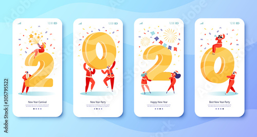 New Year 2020 concept for mobile app page onboard screen set. Happy flat cartoon people celebrate hold huge numerals, confetti and fireworks on background. Illustration for website or web page. 