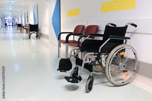 Wheelchair for the disabled in the hospital corridor.