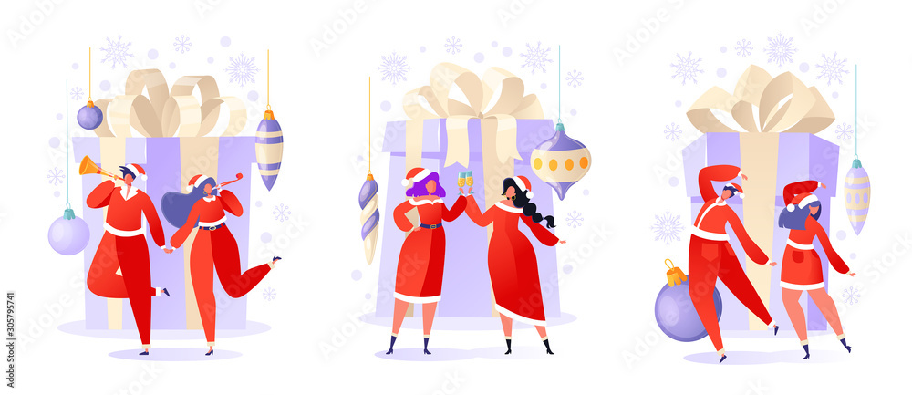 Set of flat cartoon people characters with holiday scenes. Women and men dancing and having fun, drinking champagne. People in anticipation of the celebration of Christmas and New Year. 