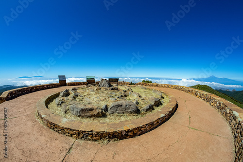 Fish eye Panoramic view from Garajonay peak in La Gomera. Paradise for hiking. Islands of Tenerife and La Palma in the background. Travel postcard. Canary Islands, Spain