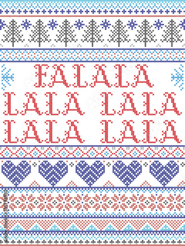 Scandinavian Christmas pattern inspired by Fala lala lalalallala carol festive elements  in cross stitch with heart, snowflake, Christmas tree, star, snowflakes in red, blue, white