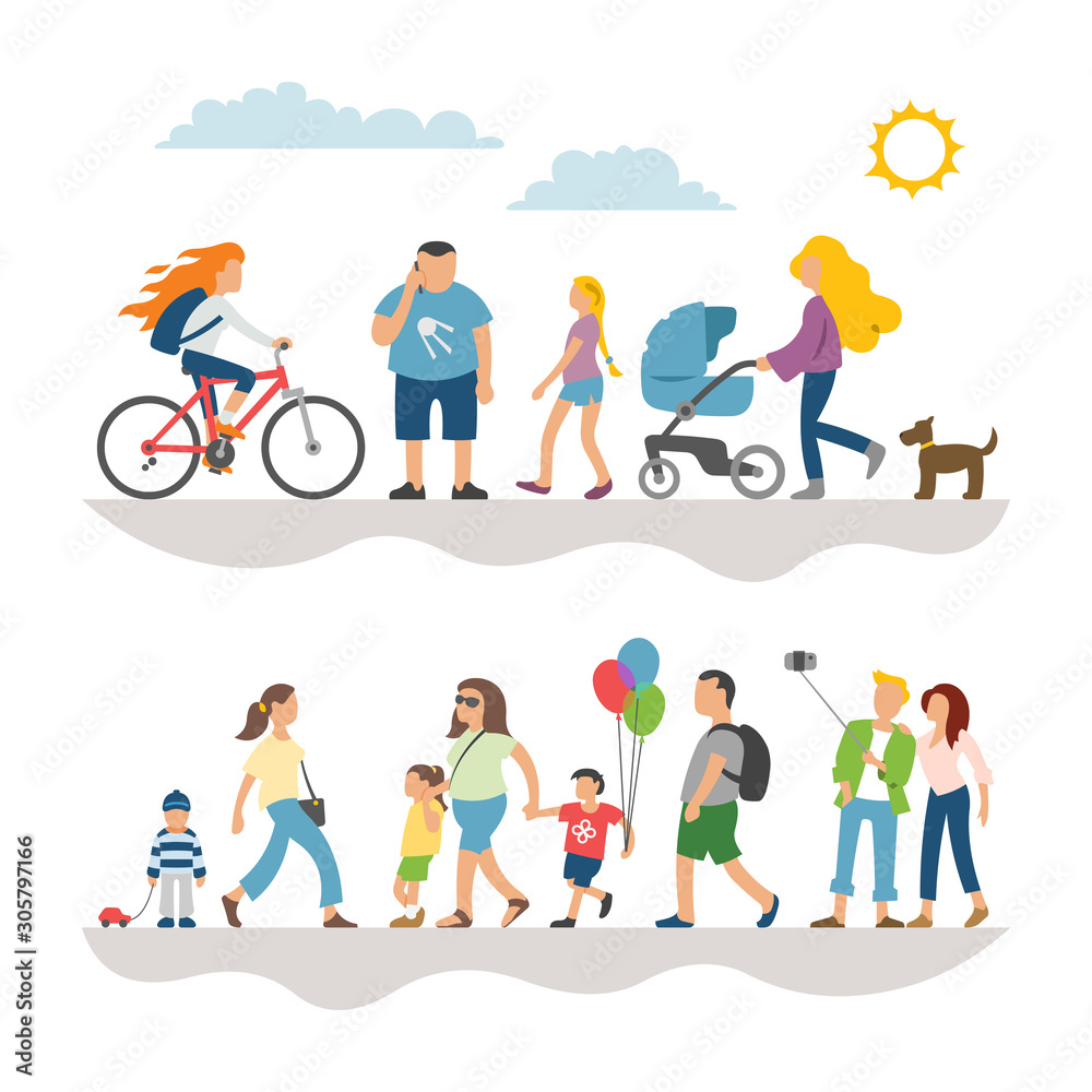 Fototapeta premium Flat illustrations set with collection simple character peoples walking on street: man, woman, child, girl on bike, dog and more isolated person.