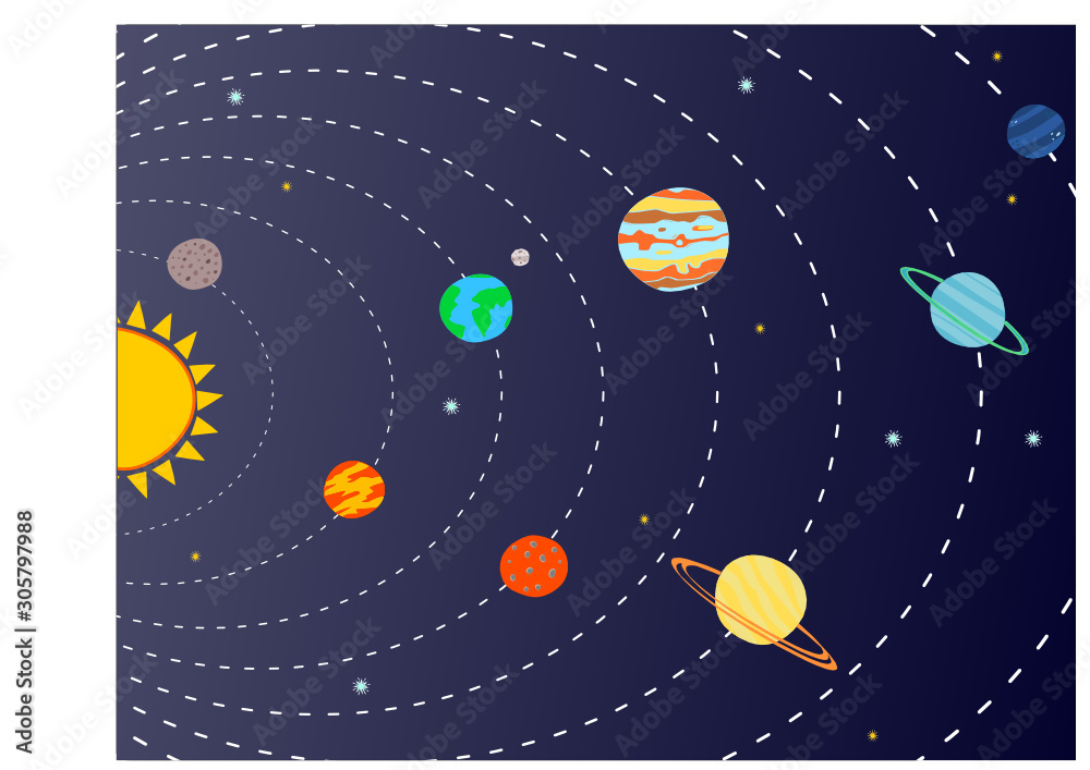 Set of hand drawn cartoon planets of the solar system.Solar system