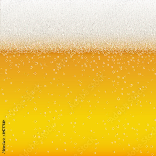 Realistic Bubbles and White Beer Foam. Cool Liquid Drink for Bar, Pub or Restaurant Menu Design. Yellow Horizontal Beer Fest Background in Foam. Cold Glass of Ale for Brewery Design
