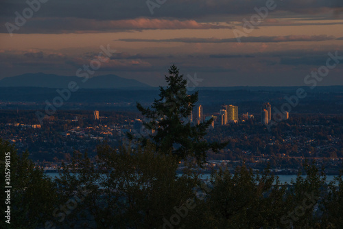 Setting sun gives a shine to high rise buildingd in Surrey, BC