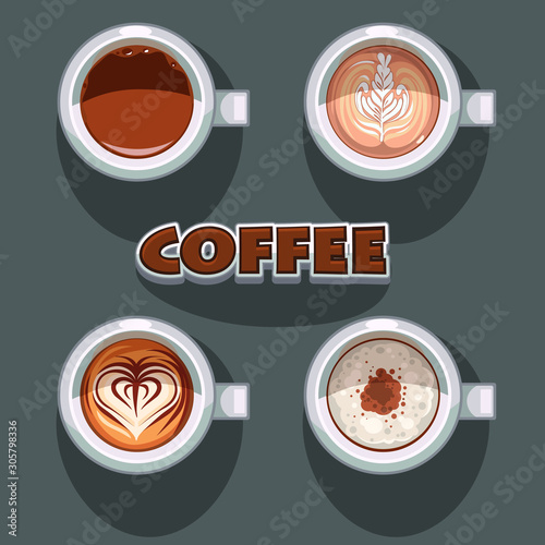 Set of different sorts of coffee in white cups