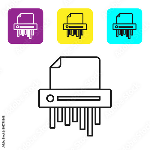 Black line Paper shredder confidential and private document office information protection icon isolated on white background. Set icons colorful square buttons. Vector Illustration