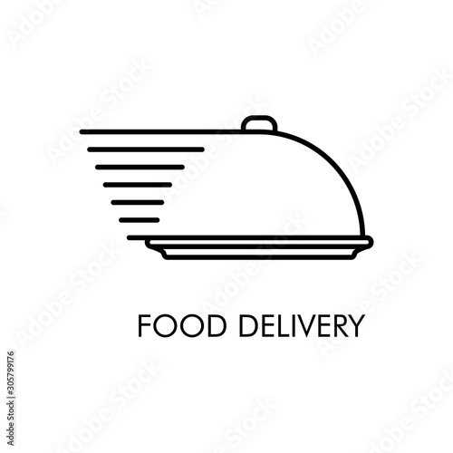 Servicio entrega de comida a domicilio. Icono plano lineal bandeja de comida con lineas de velocidad en color negro