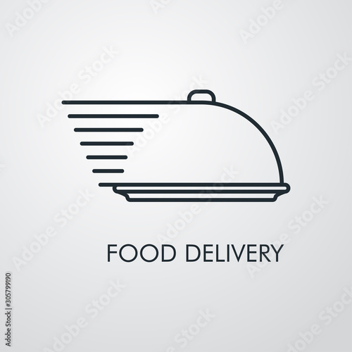 Servicio entrega de comida a domicilio. Icono plano lineal bandeja de comida con lineas de velocidad en fondo gris
