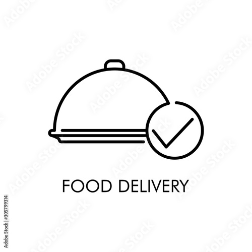 Servicio entrega de comida a domicilio. Icono plano lineal bandeja de comida con símbolo de validación en color negro
