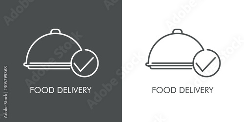Servicio entrega de comida a domicilio. Icono plano lineal bandeja de comida con símbolo de validación en fondo gris y fondo blanco