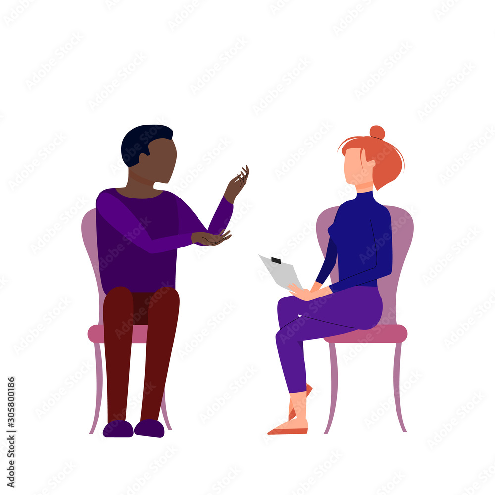 Scene of caucasian female therapist consulting black male patient. Flat style stock vector illustration Scene of caucasian female therapist consulting black male patient. Flat style stock vector illustration