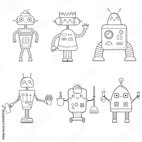 Coloring page outline of cartoon robots. Vector set for kids.