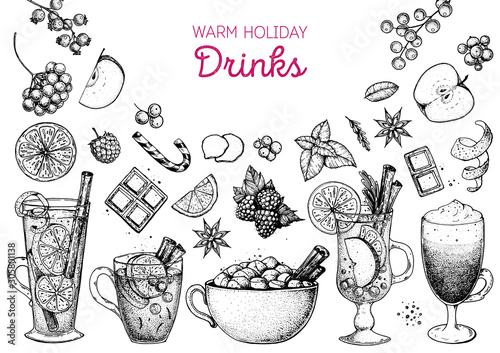 Hand drawn hot winter drinks. Printable Christmas stickers