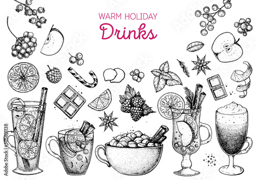 Hot drinks. Mulled wine, winter hot drink. Hand drawn sketch. Vector illustration. Christmas invitation design template. Sketch collection. Christmas bar menu. Mulled wine, coffee and tea.