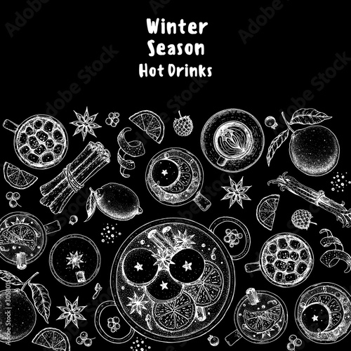 Hot drinks. Mulled wine, winter hot drink. Hand drawn sketch. Vector illustration. Christmas invitation design template. Sketch collection. Christmas bar menu. Mulled wine, coffee and tea.