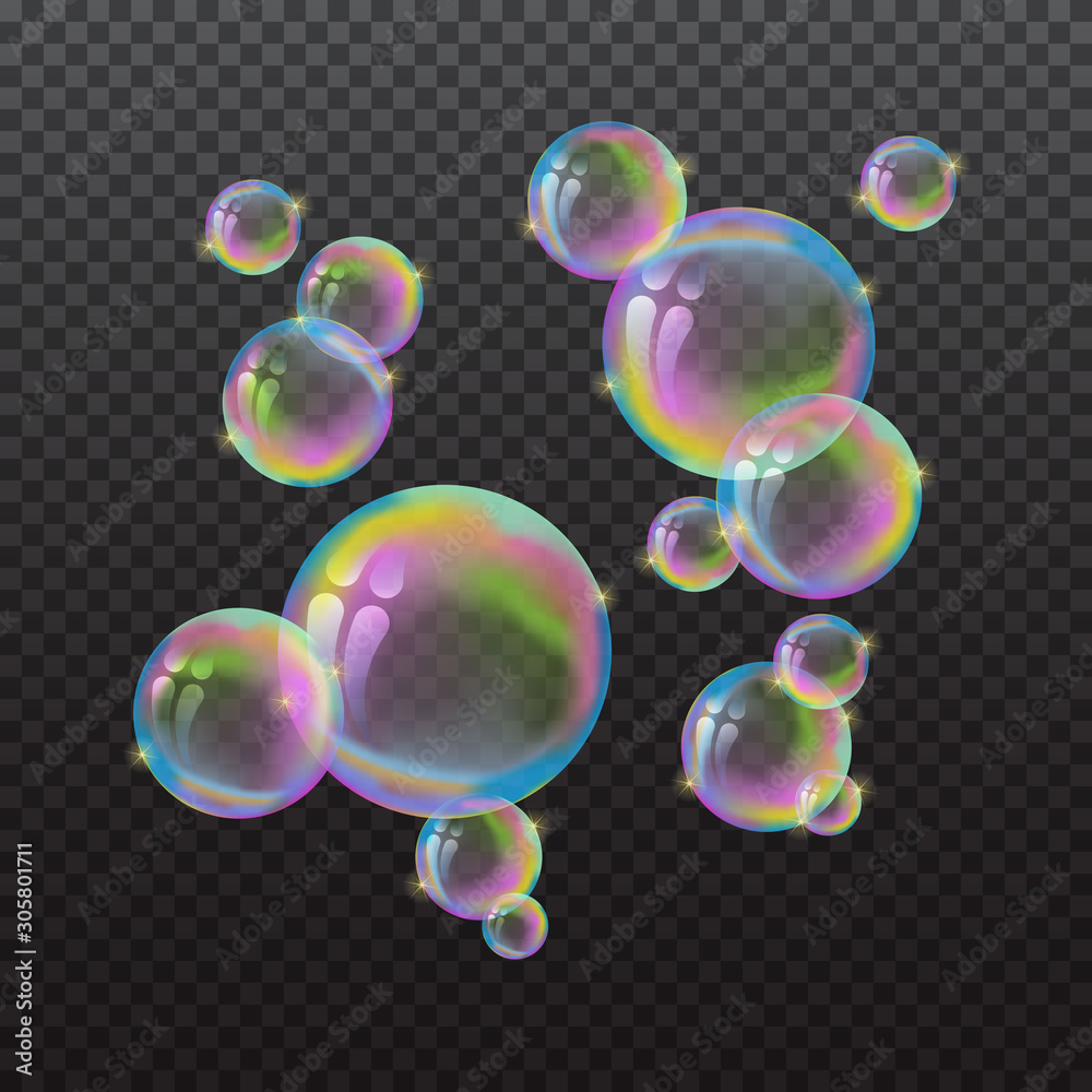 Vector 3d rainbow water bubbles isolated on dark transparent background. Volumetric balls of soap, fluid with reflection, soapy balloon. Washing and bathing, bathroom and hygiene.