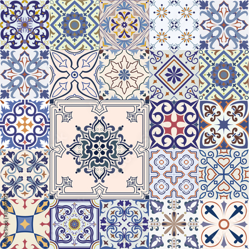 Big set of tiles in portuguese, spanish, italian style. Mosaic pattern for wallpaper, backgrounds, decoration for your design, ceramic, page fill and more.