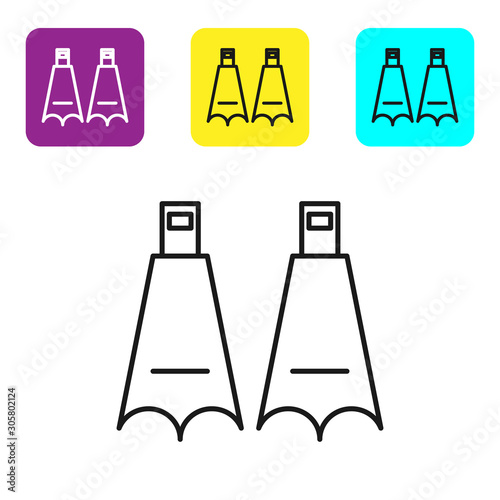 Black line Rubber flippers for swimming icon isolated on white background. Diving equipment. Extreme sport. Diving underwater equipment. Set icons colorful square buttons. Vector Illustration