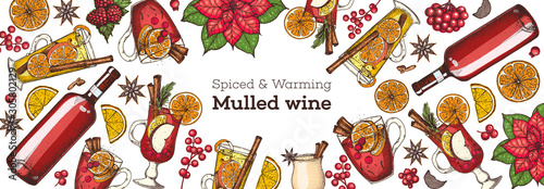 Hot drinks for design. Mulled wine, winter hot drink. Hand drawn sketch. Vector illustration. Christmas invitation design template. Colorful collection. Christmas bar menu. Mulled wine, coffee and tea