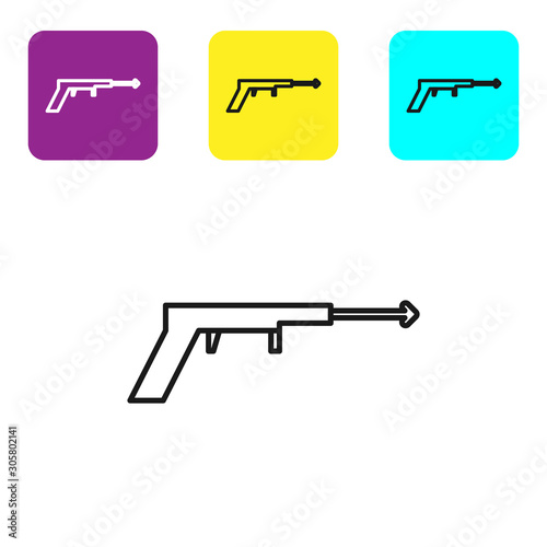 Black line Fishing harpoon icon isolated on white background. Fishery manufacturers for catching fish under water. Diving underwater equipment. Set icons colorful square buttons. Vector Illustration