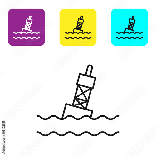 Black line Floating buoy on the sea icon isolated on white background. Set icons colorful square buttons. Vector Illustration