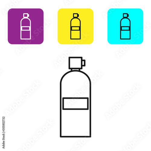 Black line Aqualung icon isolated on white background. Oxygen tank for diver. Diving equipment. Extreme sport. Diving underwater equipment. Set icons colorful square buttons. Vector Illustration