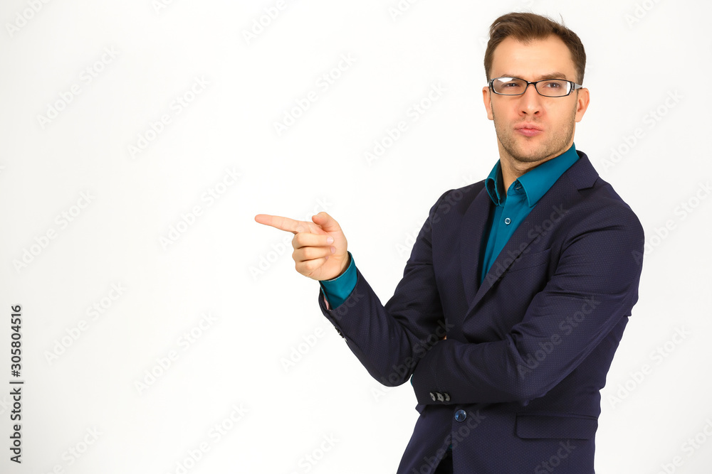 Man standing and presenting something above against white background Man standing and presenting something above against white background