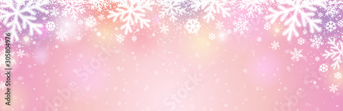 Pink christmas banner with white blurred snowflakes. Merry Christmas and Happy New Year greeting banner. Horizontal new year background, headers, posters, cards, website. Vector illustration