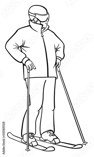 Amateur skier in downhill skiing equipment. Vector outline illustration drawings of a character in hand drawn style. A beginner skier stands on skies and holds ski poles. Man in helmet and skiing gear