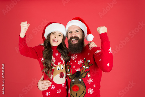 Sincere emotions. Christmas tradition. Father hug little daughter. Small child with dad celebrate christmas. Family values. Magical time of year. Winter holidays. Cheerful christmas to all. Greetings