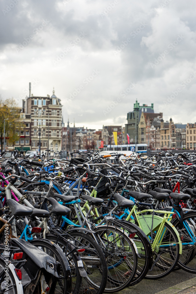 Pile of bikes parked near the Central Station in Amsterdam