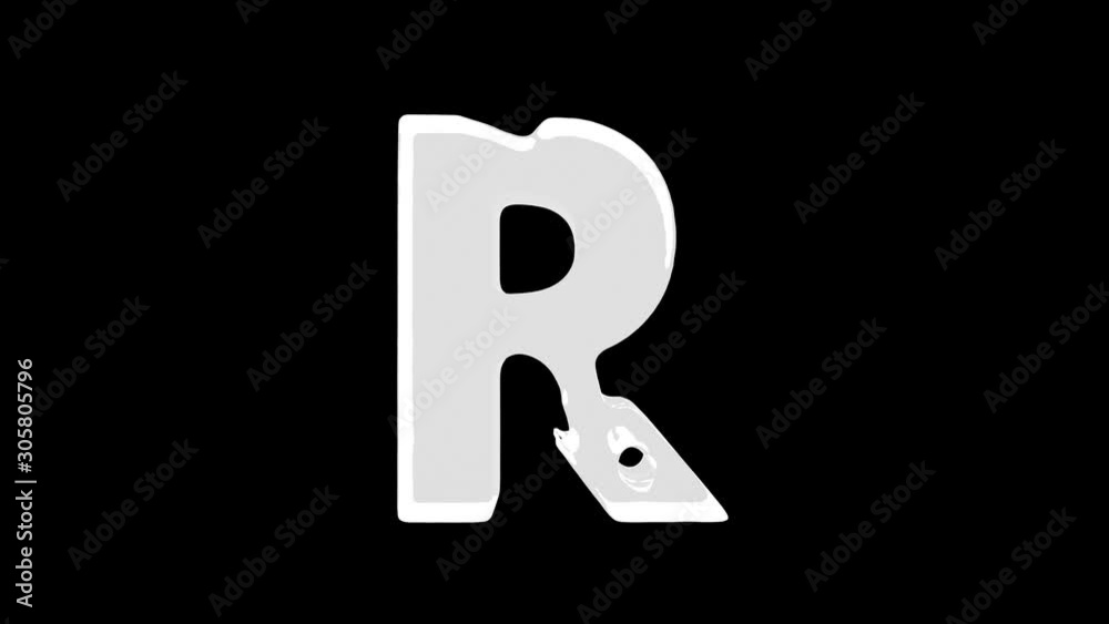 4K Animated blue water splashes filling R letter isolated on a white background with alpha matte