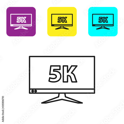 Black line Computer PC monitor display with 5k video technology icon isolated on white background. Set icons colorful square buttons. Vector Illustration