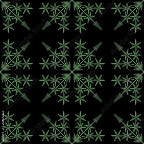 Seamless geometrical floral pattern with square mandalas made of hemp or cannabis plant branches. Ornate folk style.