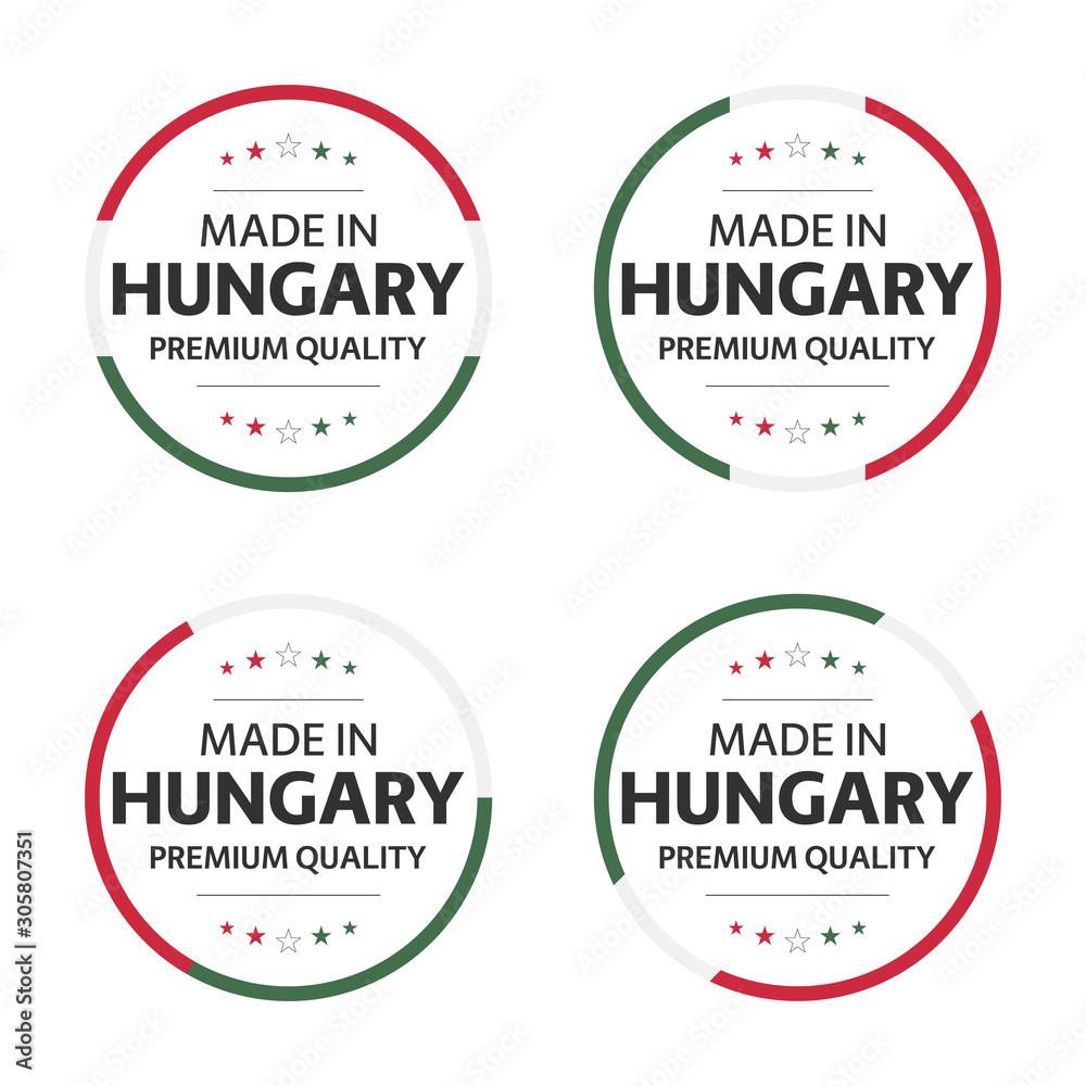 Set of four Hungarian icons, English title Made in Hungary, premium quality stickers and symbols, internation labels with stars, simple vector illustration isolated on white background Set of four Hungarian icons, English title Made in Hungary, premium quality stickers and symbols, internation labels with stars, simple vector illustration isolated on white background