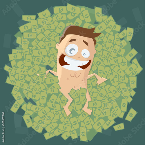 funny cartoon businessman taking a bath in dollar bills